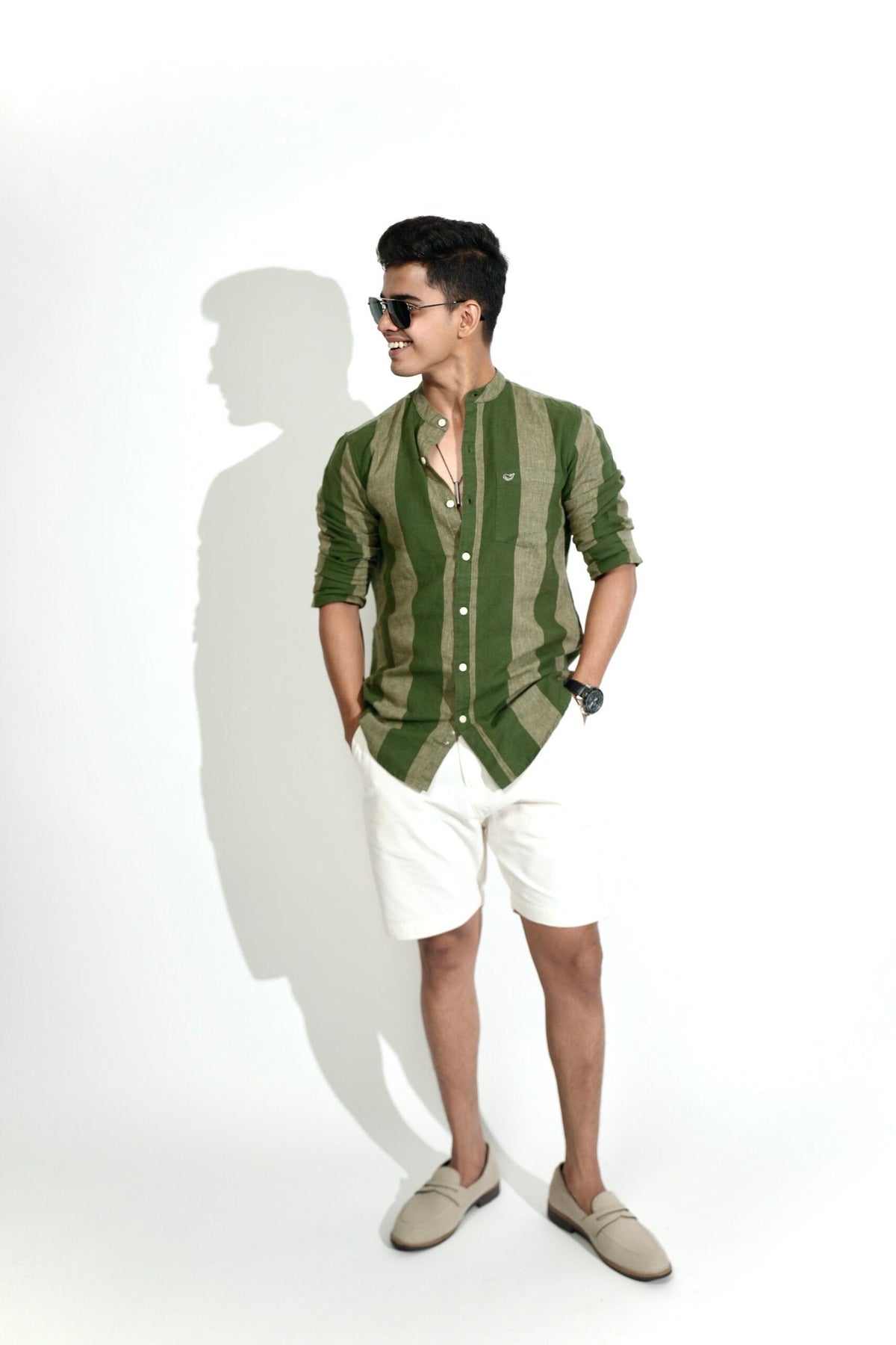 Cotton Linen Chinese Collar Peacock Green Stripes Shirt image 4