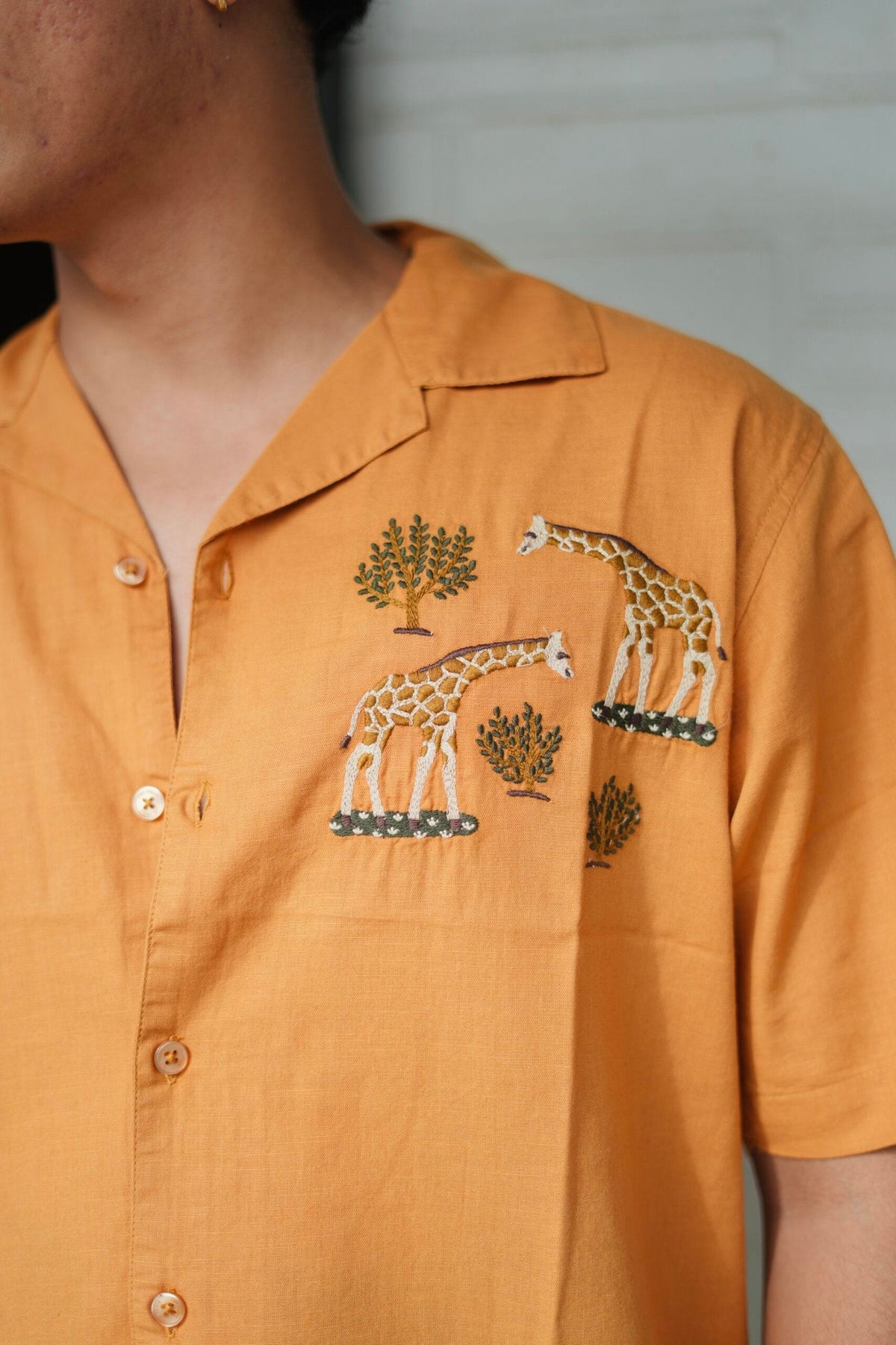 Mustard Yellow Giraffe Grove Cuban Collar Shirt With Tree Embroidery image 4