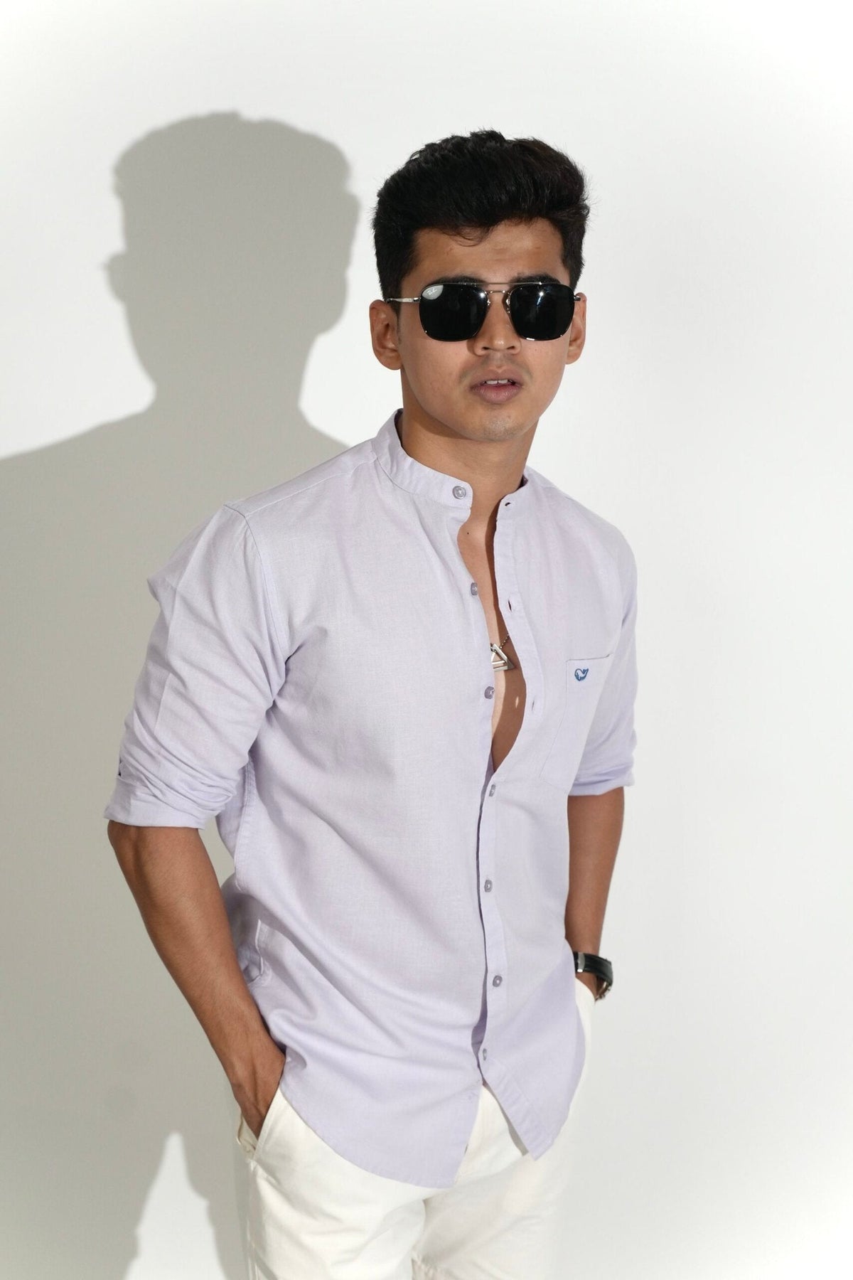 Cotton Linen Chinese Collar Lilac Shirt image 3