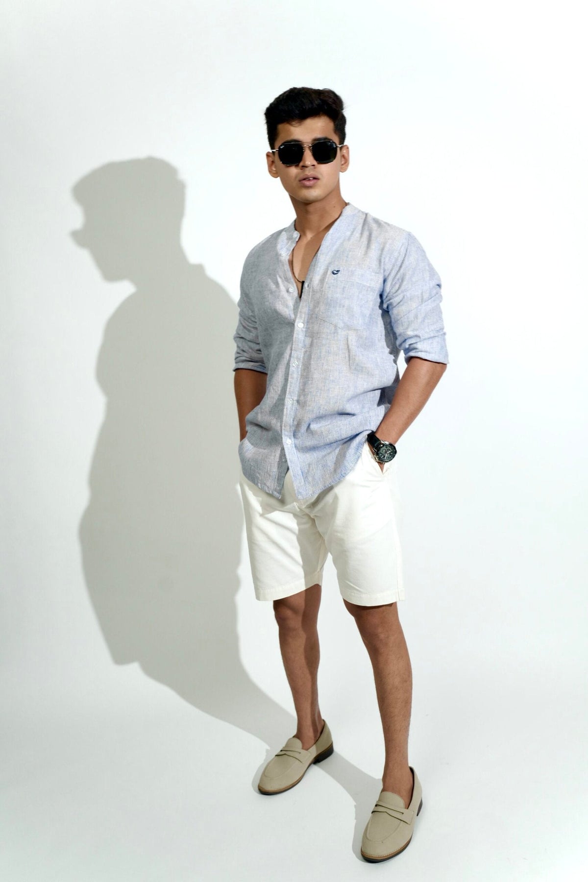 Cotton Linen Chinese Collar Blue And White Stripes Shirt image 4