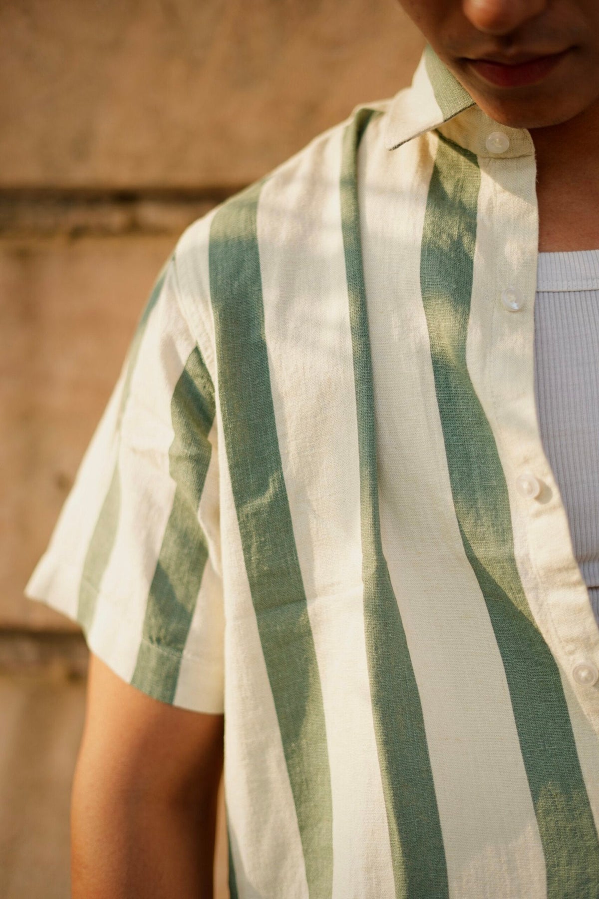 DUSKY WHITE AND GREEN STRIPES HALF SLEEVES SHIRT image 4