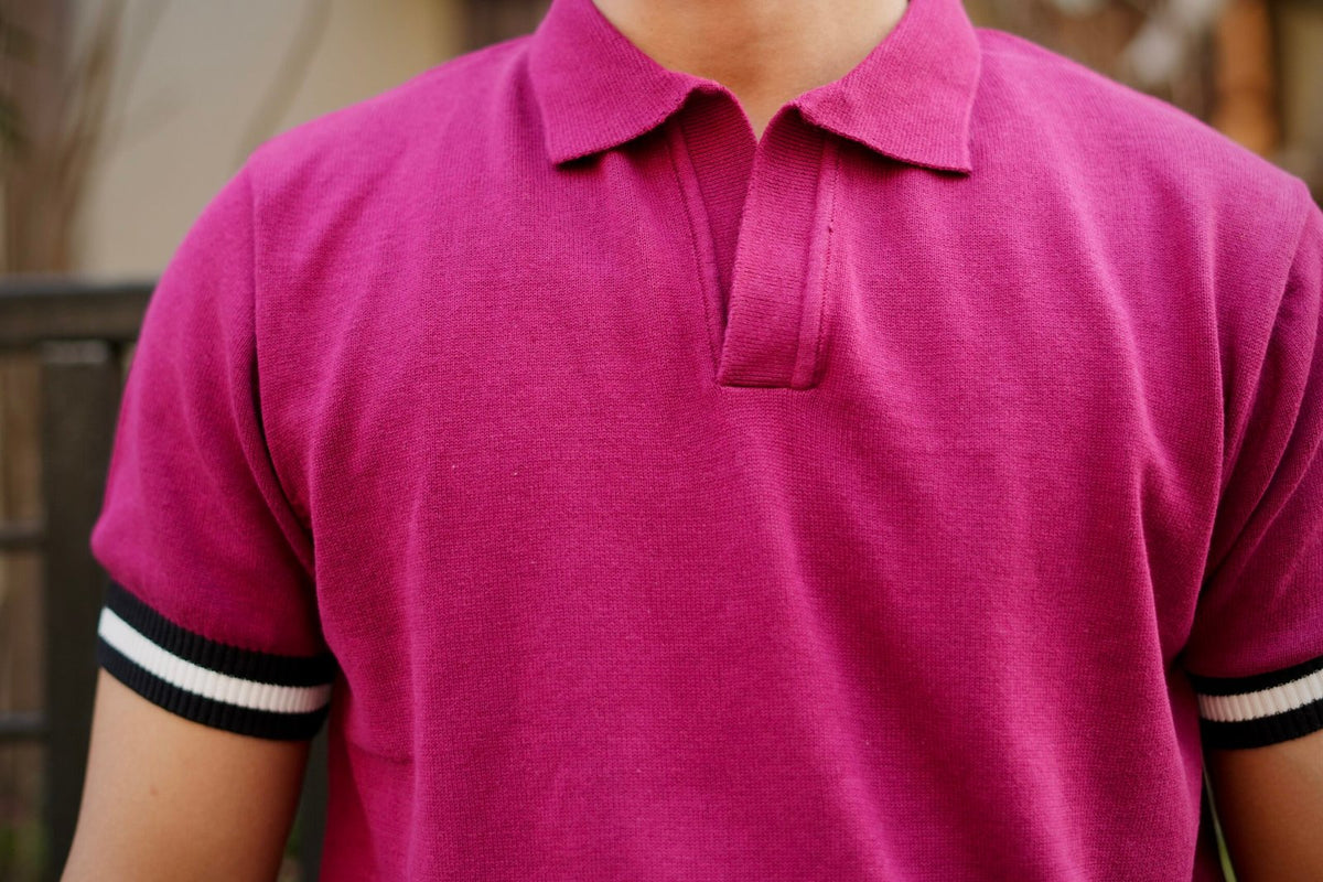 Knitted Polo T-Shirt – Dark Pink with Black & White Rib image 3