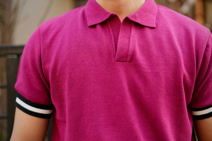 Knitted Polo T-Shirt – Dark Pink with Black & White Rib image 3