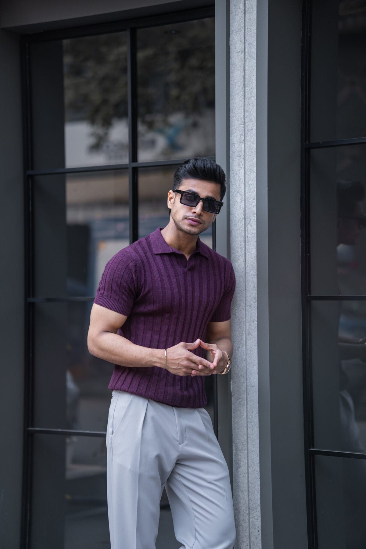 RIBBED KNITTED MAROON HALF SLEEVES POLO T-SHIRT image 3