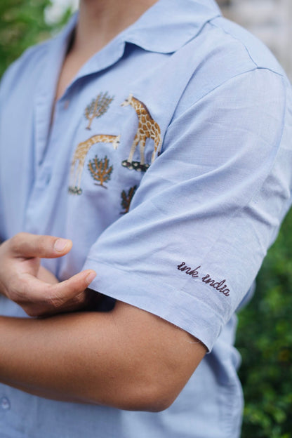 Light Blue Giraffe Grove Cuban Collar Shirt With Tree Embroidery image 6