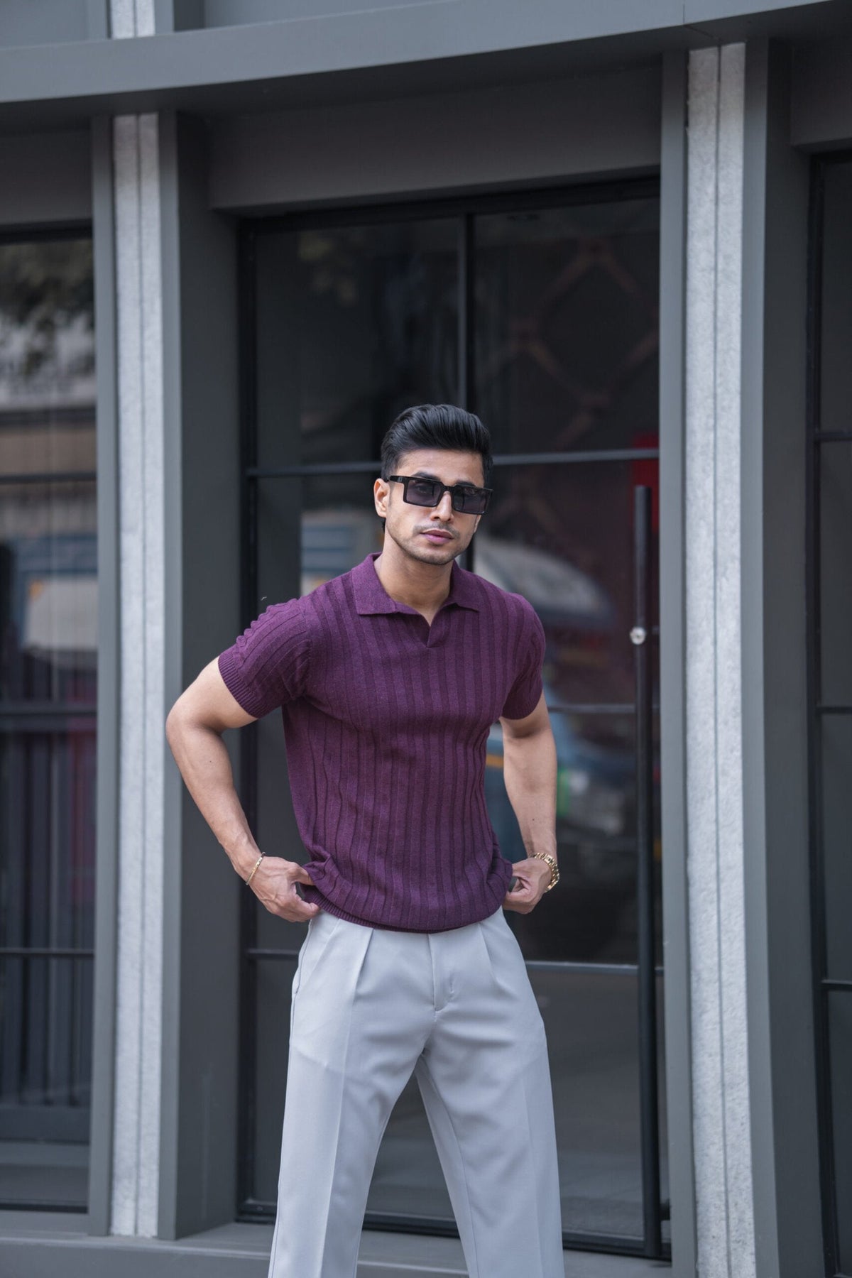RIBBED KNITTED MAROON HALF SLEEVES POLO T-SHIRT image 1