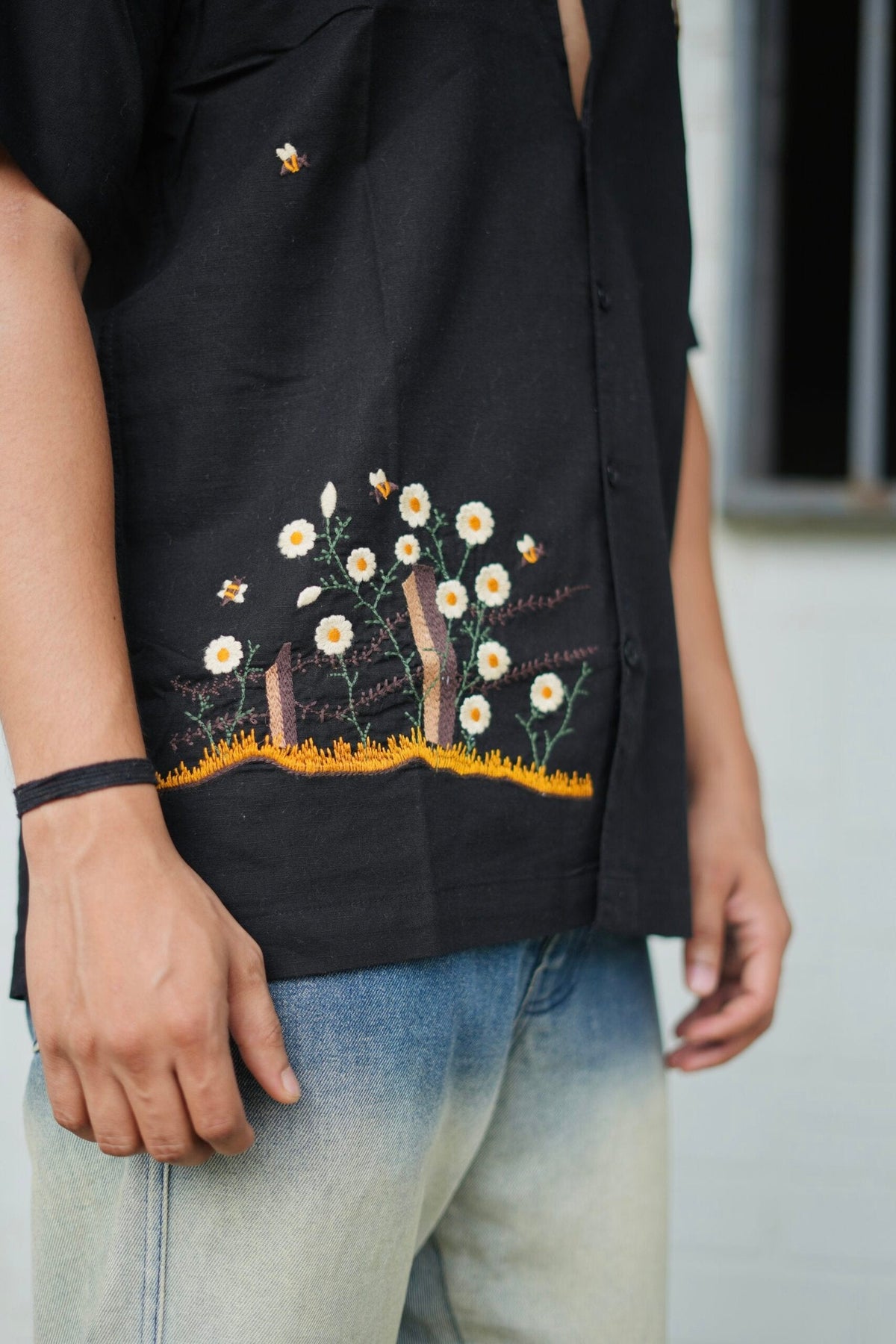Black Buzz Garden Cuban Collar Shirt With Bee & Nature Embroidery image 6