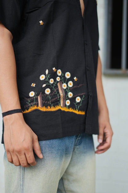 Black Buzz Garden Cuban Collar Shirt With Bee & Nature Embroidery image 6