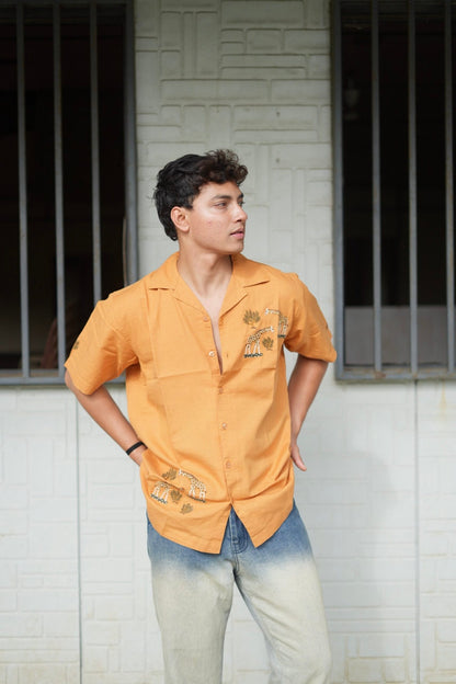 Mustard Yellow Giraffe Grove Cuban Collar Shirt With Tree Embroidery image 2