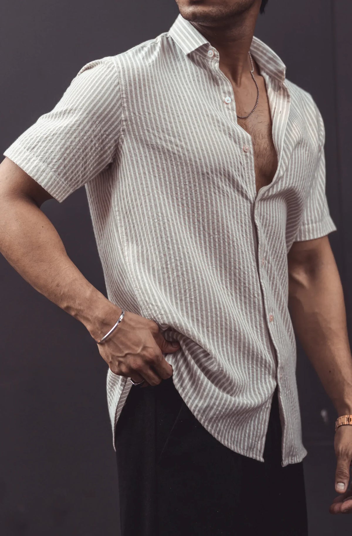 CRUSH BROWN WHITE STRIPES HALF SLEEVES SHIRT image 2