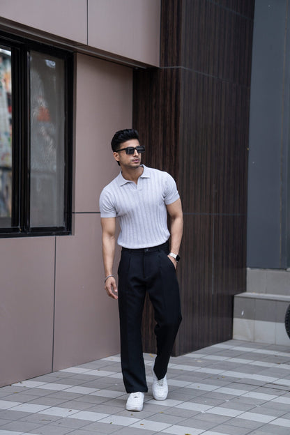 RIBBED KNITTED LIGHT GREY HALF SLEEVES POLO T-SHIRT image 0