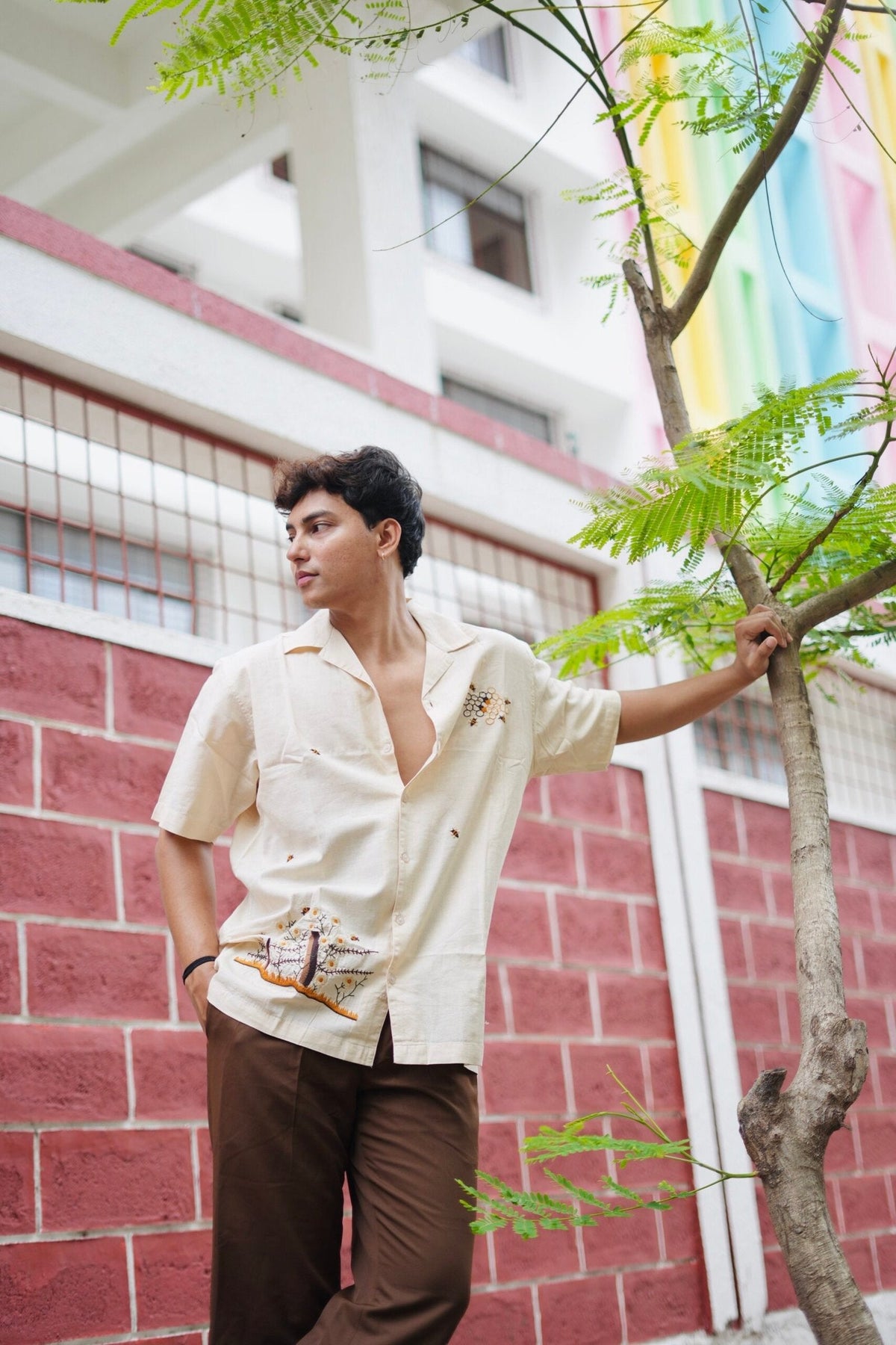 Light Cream Buzz Garden Cuban Collar Shirt With Bee & Nature Embroidery image 4