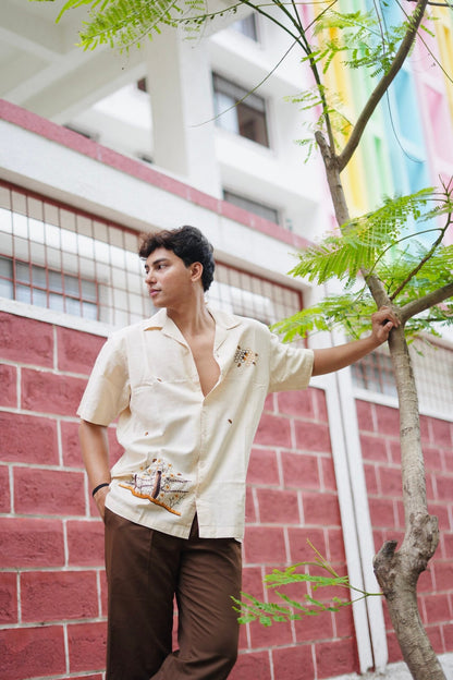 Light Cream Buzz Garden Cuban Collar Shirt With Bee & Nature Embroidery image 4