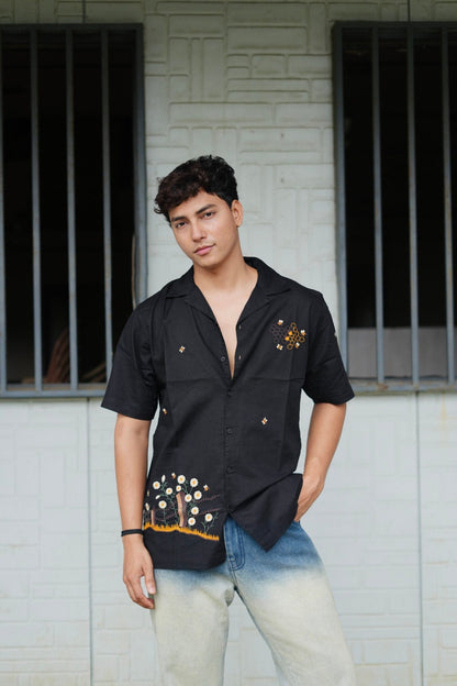 Black Buzz Garden Cuban Collar Shirt With Bee & Nature Embroidery image 4