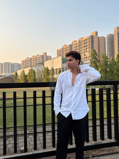 COTTON LINEN CHINESE COLAR WHITE SHIRT image 3