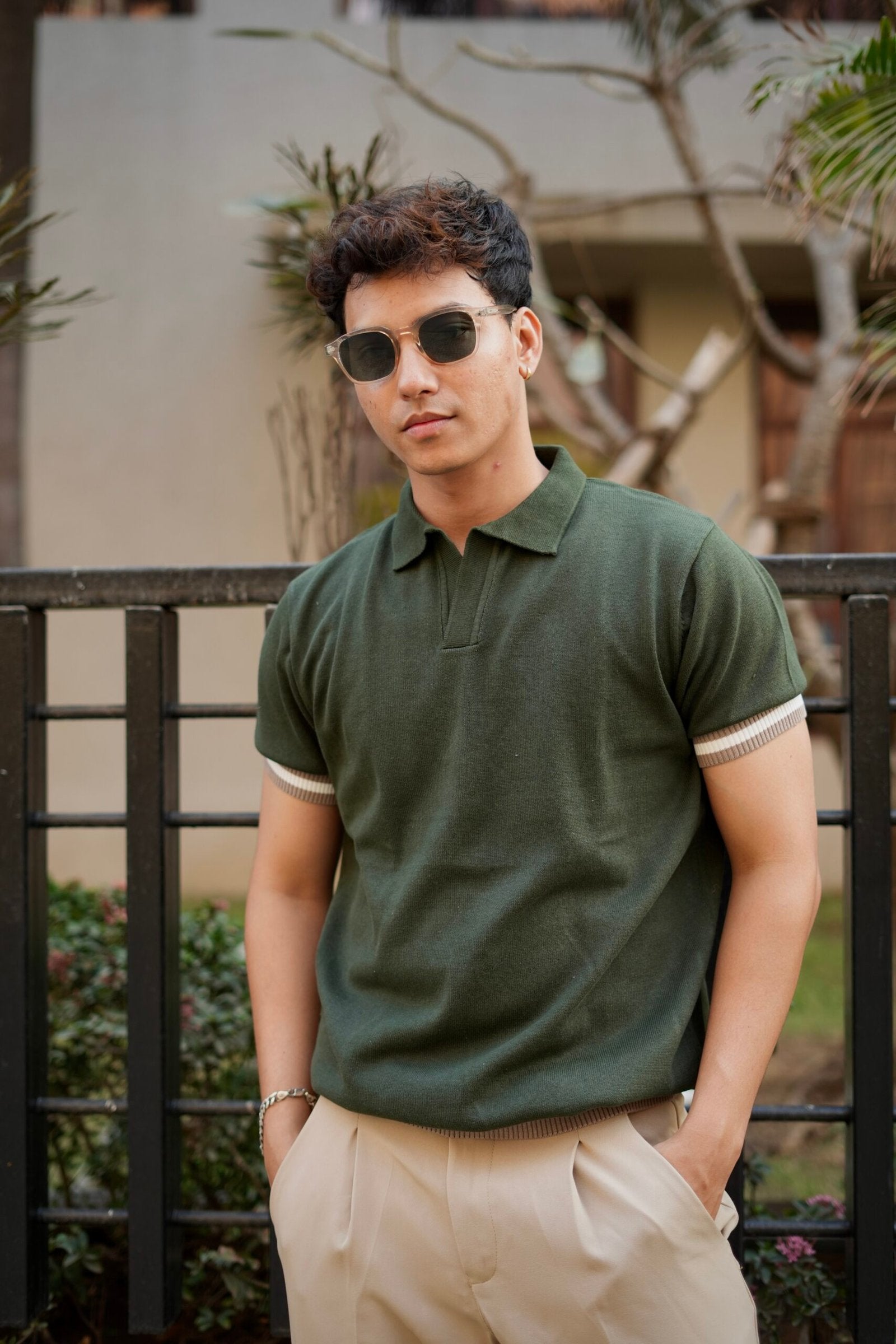 Knitted Polo T-Shirt – Olive Green with Pale Brown & White Rib image 0