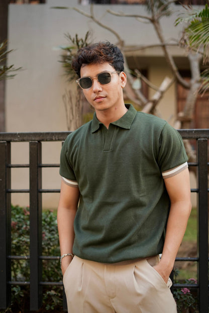 Knitted Polo T-Shirt – Olive Green with Pale Brown & White Rib image 0