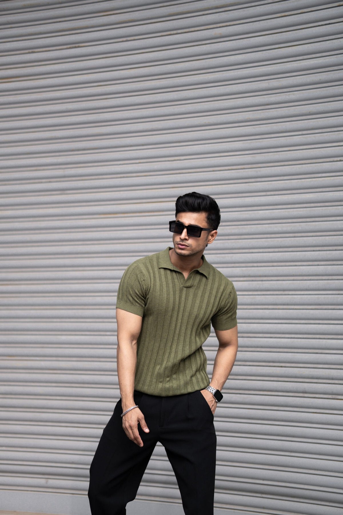 RIBBED KNITTED OLIVE HALF SLEEVES POLO T-SHIRT image 4
