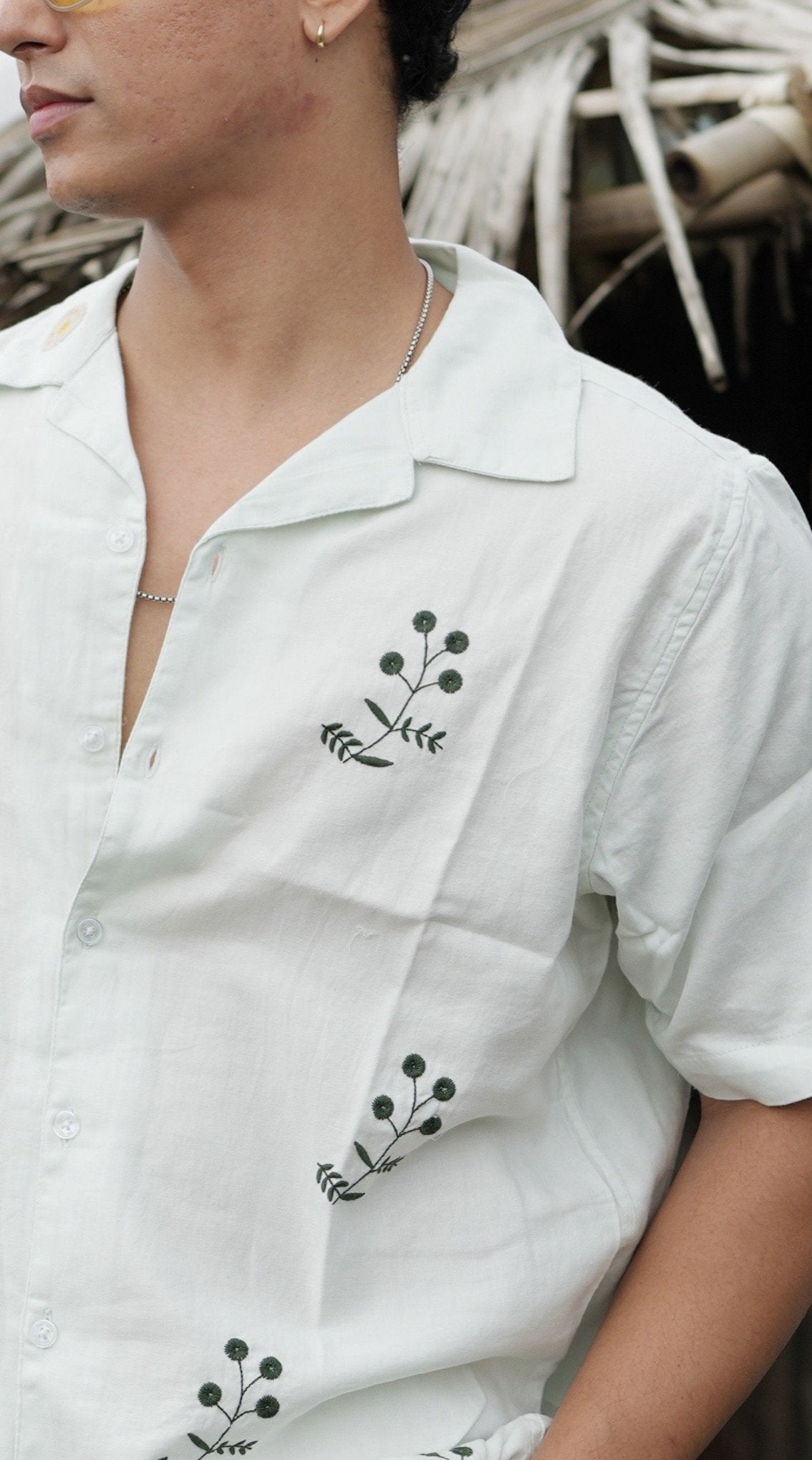 Mint Bloom Cuban Collar Shirt With Minimal Floral Embroidery image 1