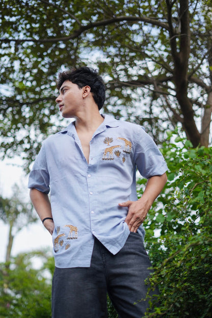 Light Blue Giraffe Grove Cuban Collar Shirt With Tree Embroidery image 2