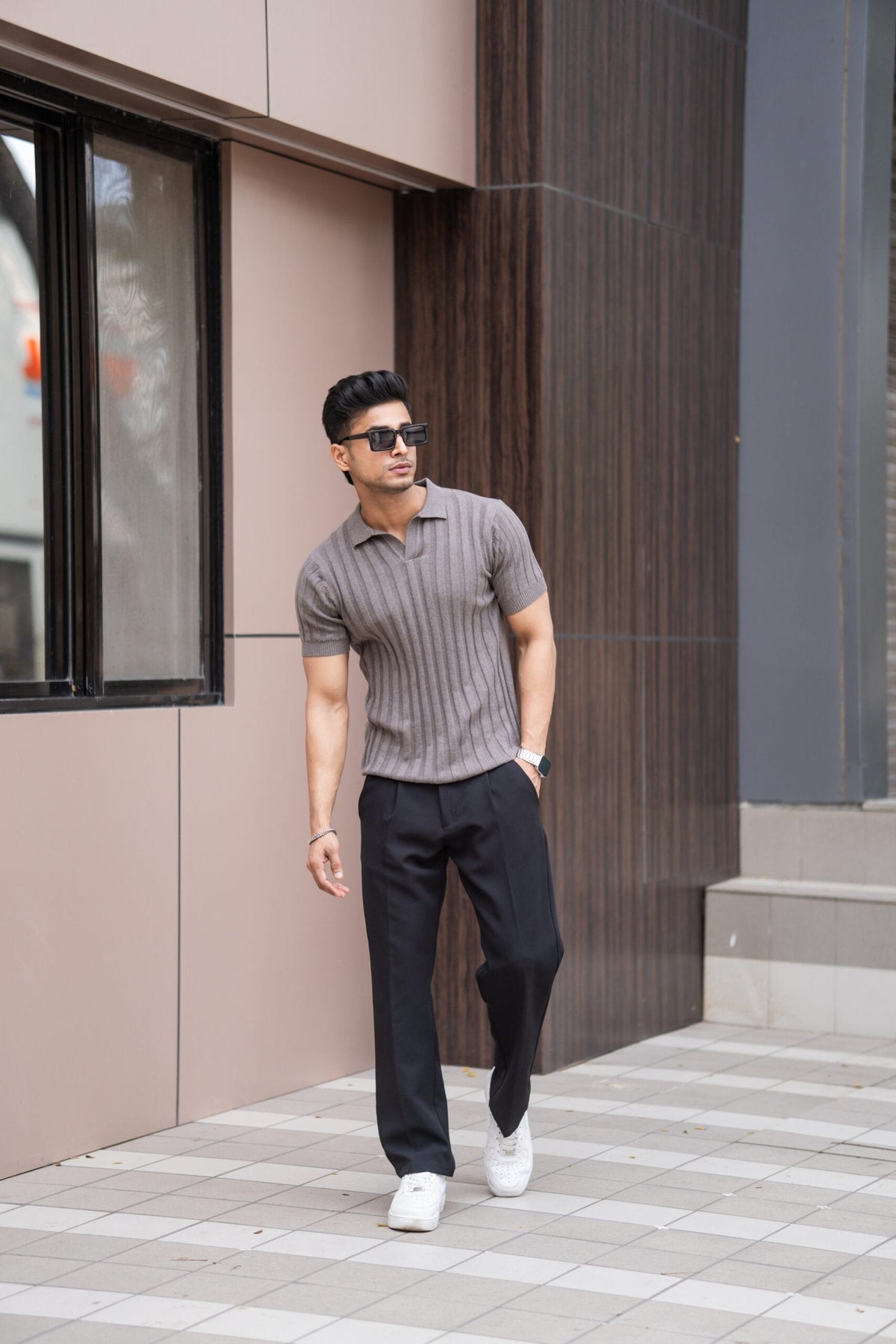 RIBBED KNITTED CHARCOAL HALF SLEEVES POLO T-SHIRT image 3