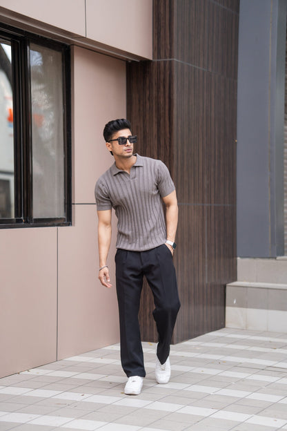 RIBBED KNITTED CHARCOAL HALF SLEEVES POLO T-SHIRT image 3