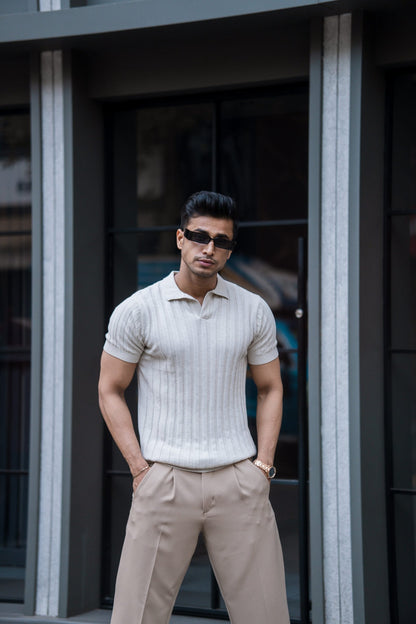 RIBBED KNITTED OFF WHITE HALF SLEEVES POLO T-SHIRT image 3