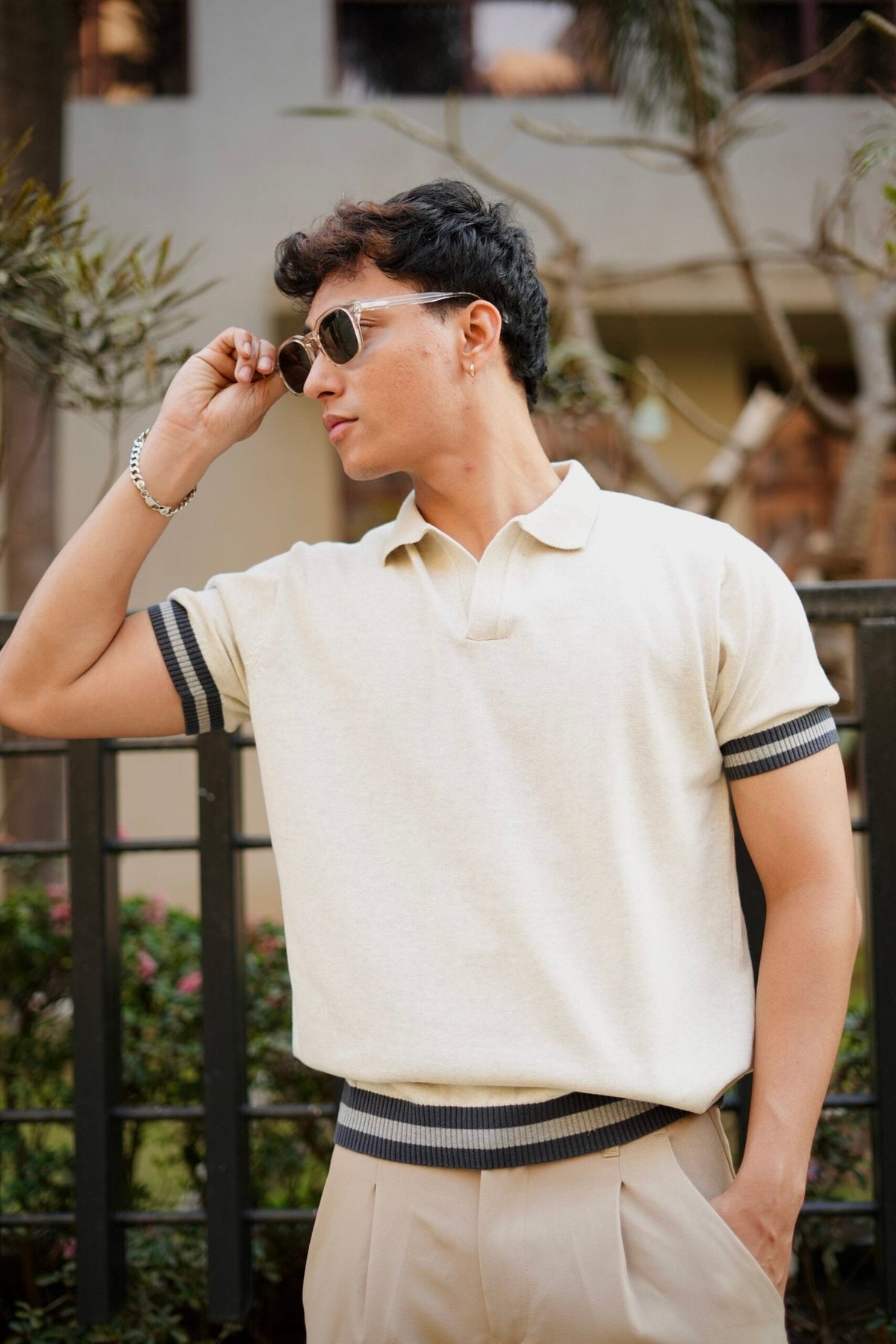 Knitted Polo T-Shirt – Off-White with Charcoal Rib image 3