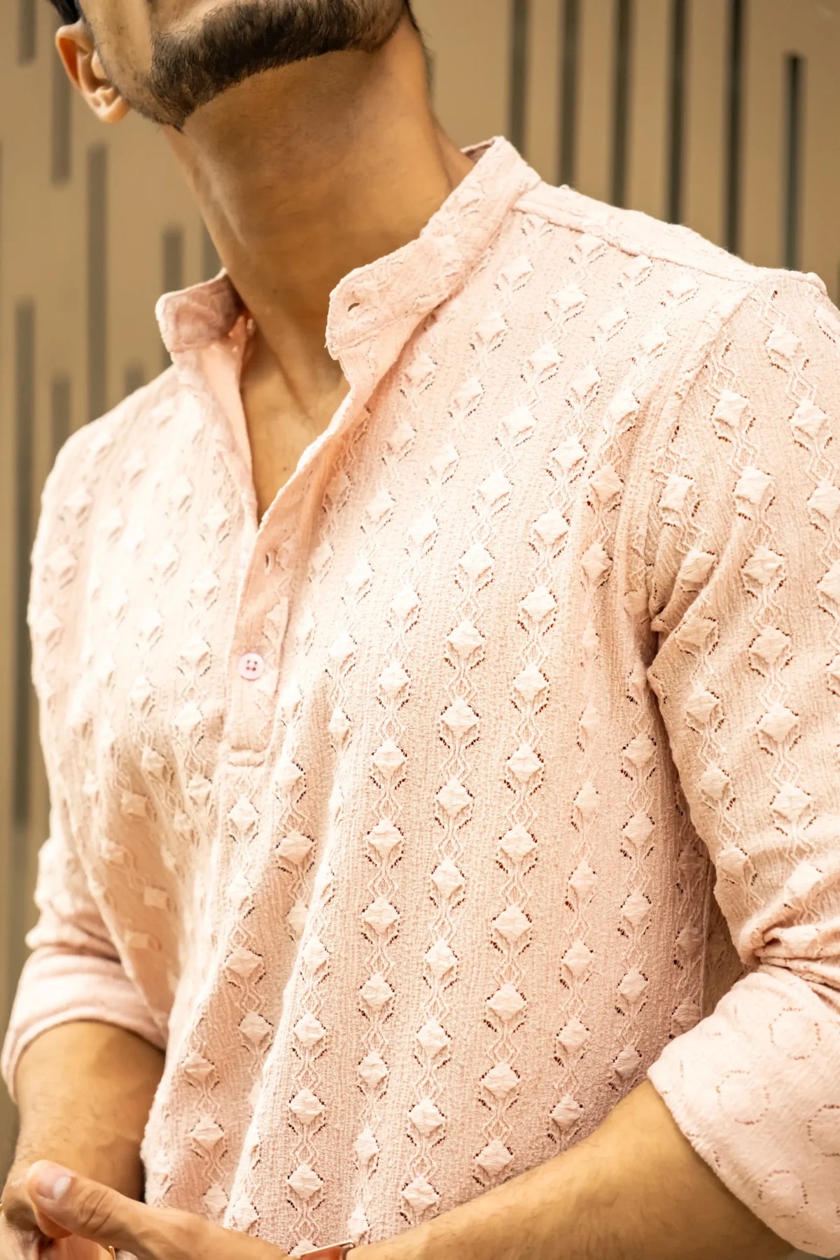 Structured Peach Full Sleeves Short Kurta image 0