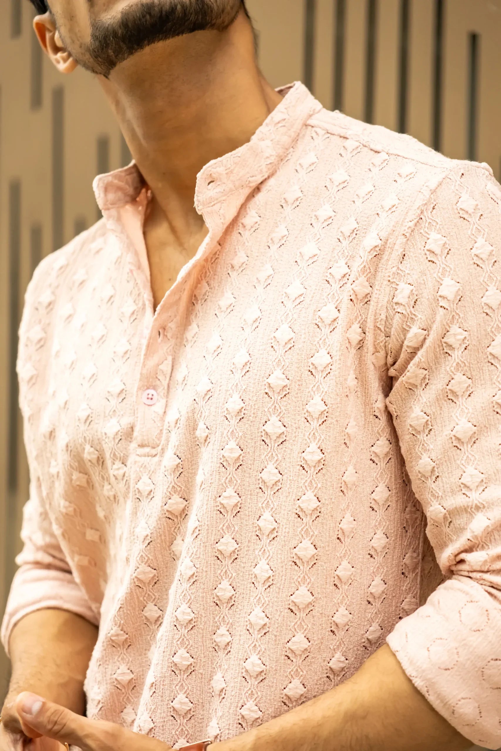 Structured Peach Full Sleeves Short Kurta image 0