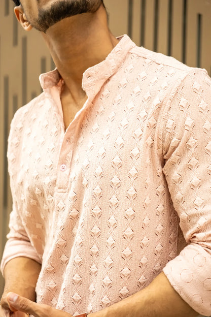 Structured Peach Full Sleeves Short Kurta image 0