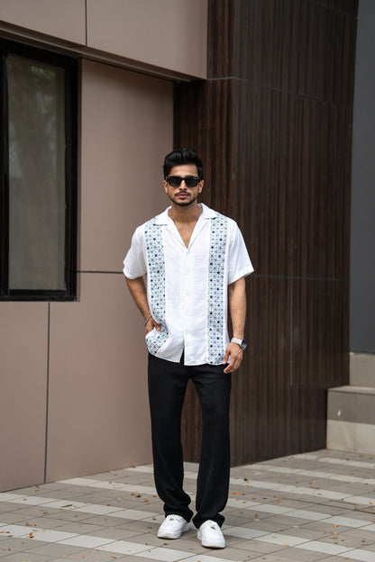 WHITE PANEL EMBRODIERY HALF SLEEVES SHIRT image 1