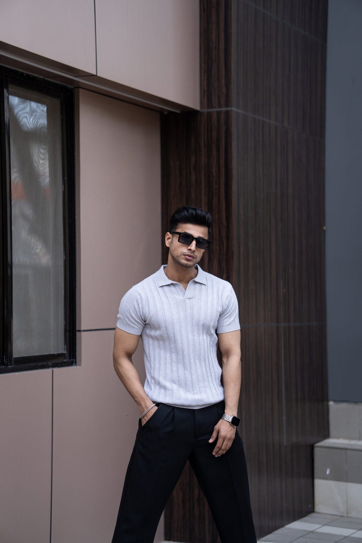 RIBBED KNITTED LIGHT GREY HALF SLEEVES POLO T-SHIRT image 3