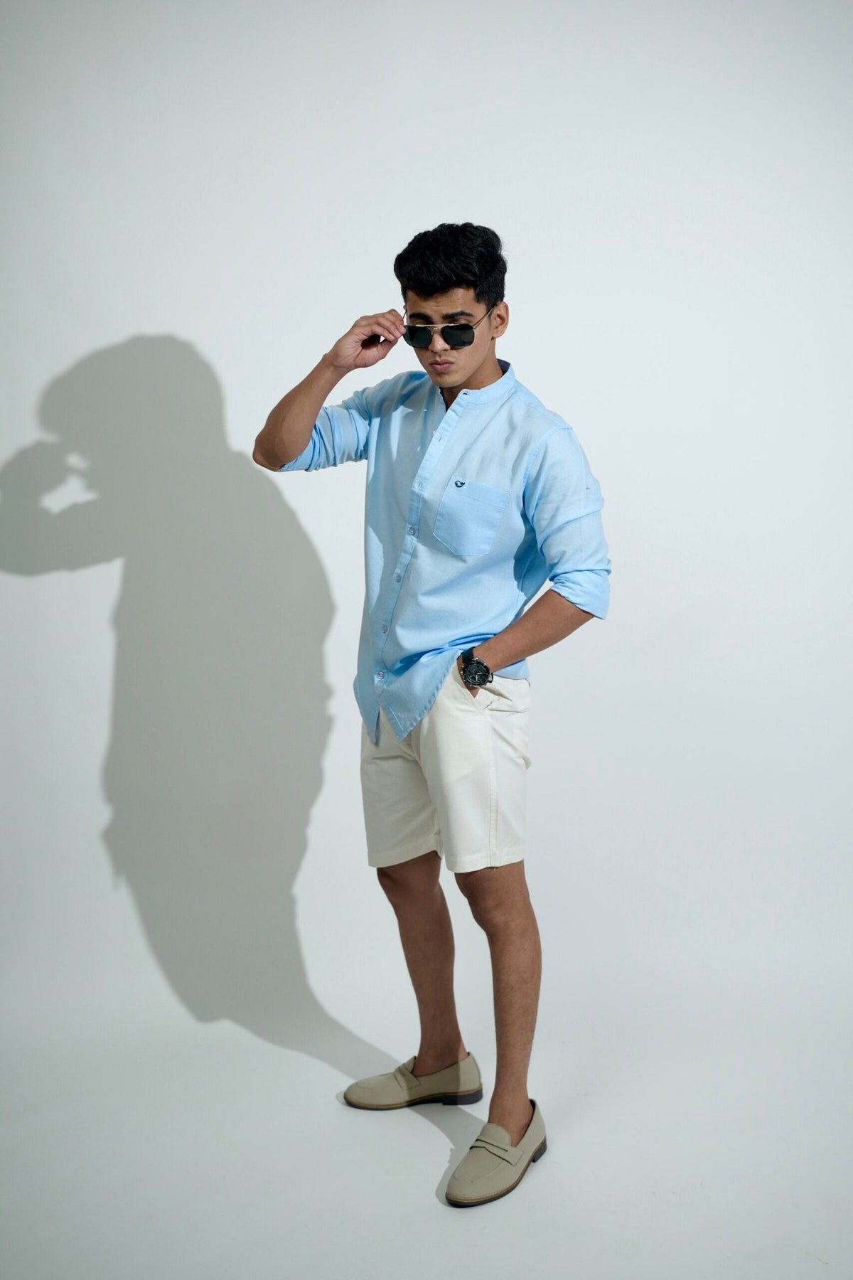 Cotton Linen Chinese Collar Sky Blue Shirt image 2