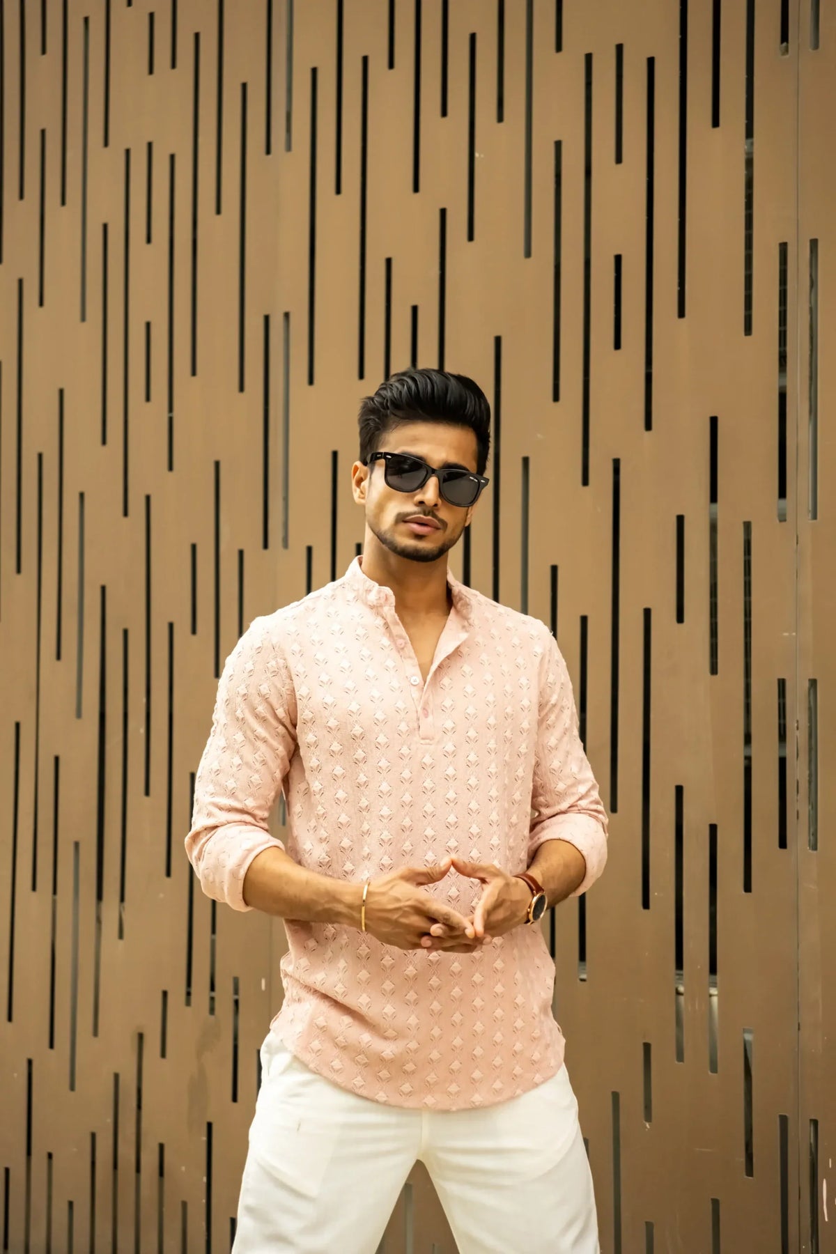 Structured Peach Full Sleeves Short Kurta image 4