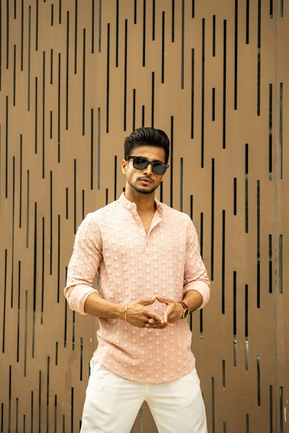 Structured Peach Full Sleeves Short Kurta image 4