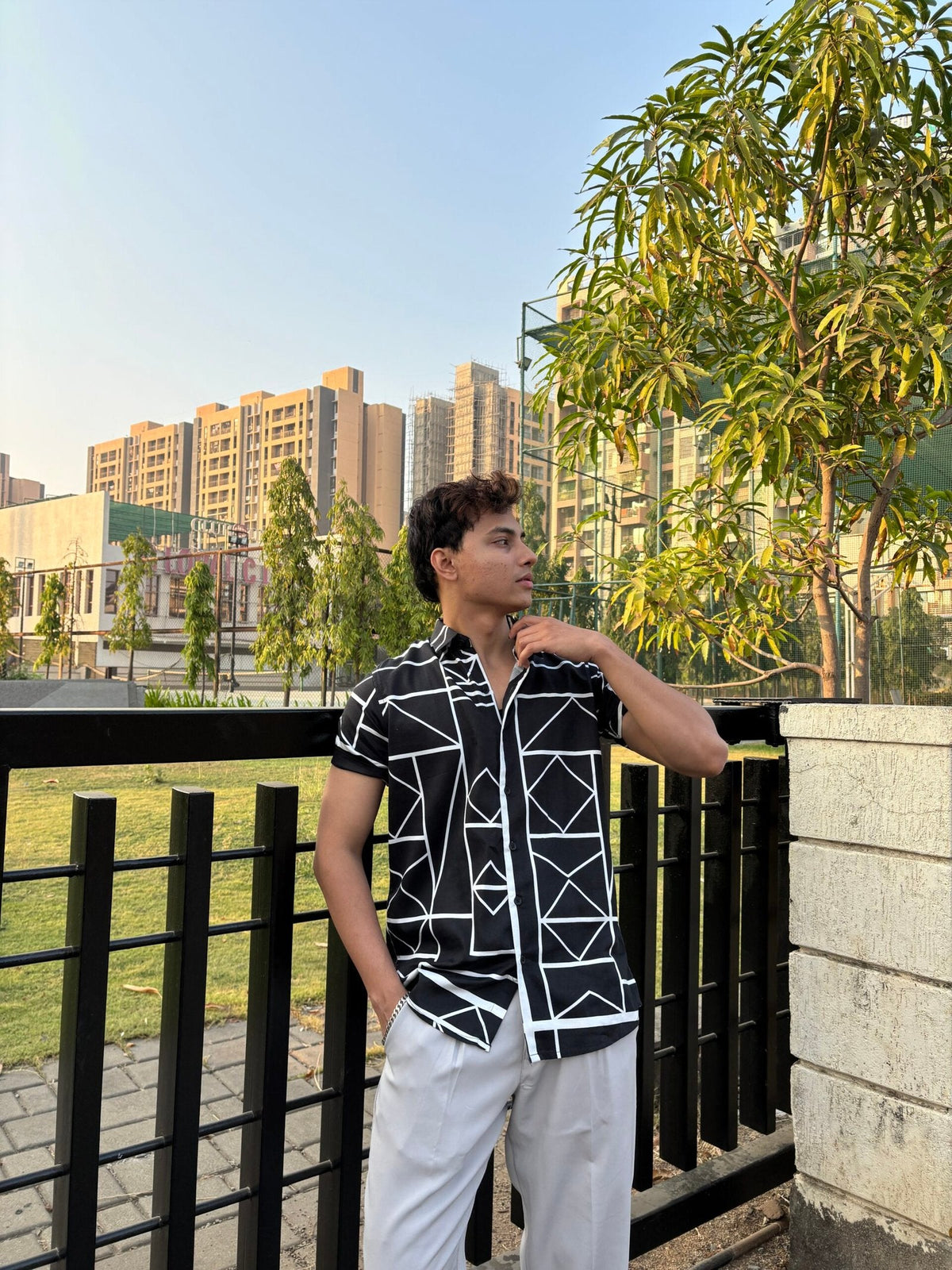 BLACK AND WHITE ABSTRACT HALF SLEEVES SHIRT image 1