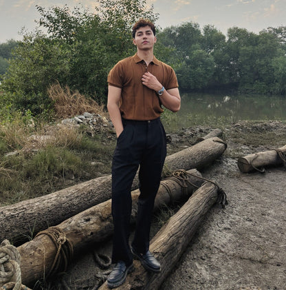 Dark Brown Knitted Polo T-Shirt image 1
