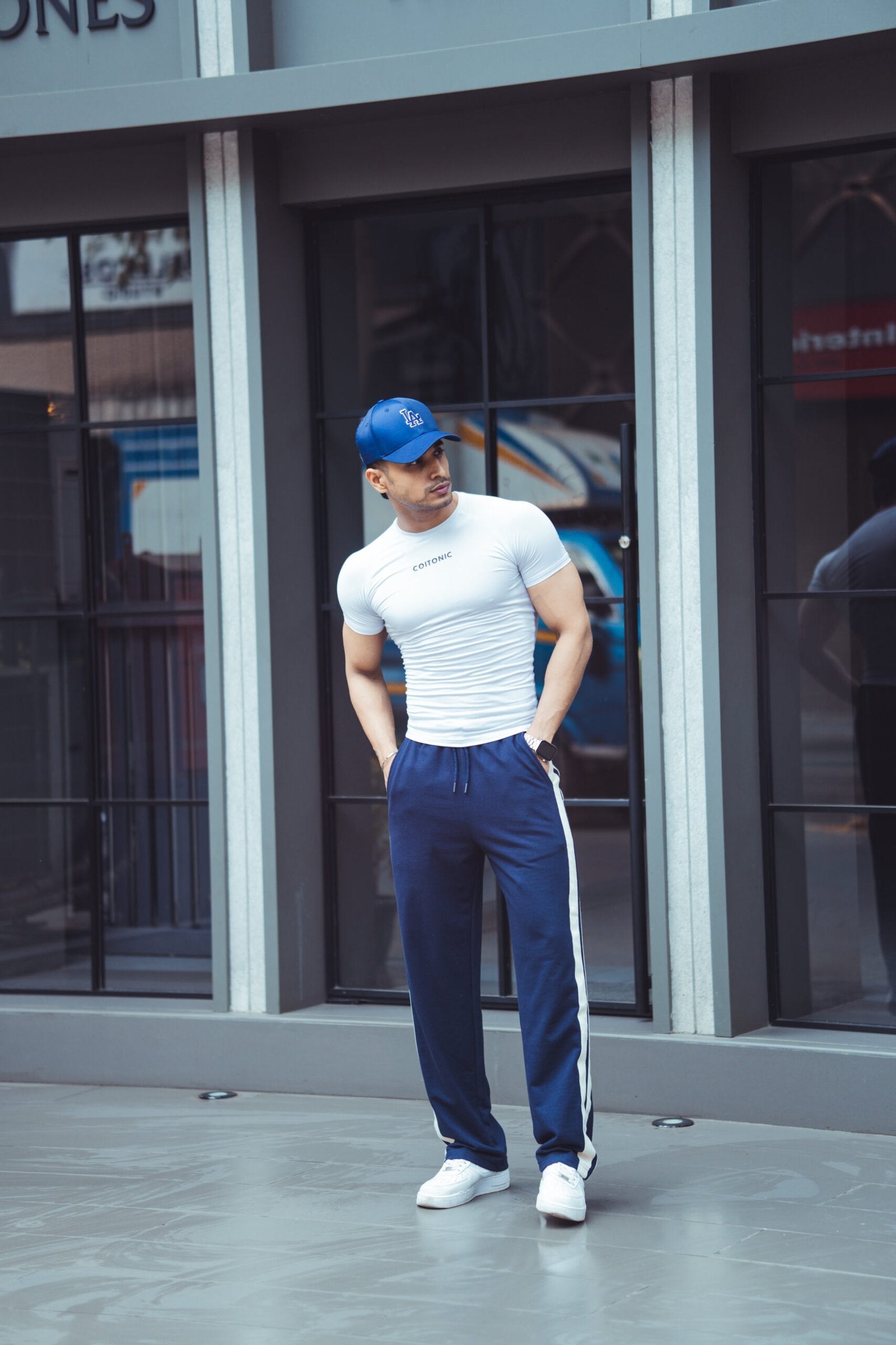 NAVY SIDE SEAM DRAWSTRING WAIST TRACK PANTS image 0