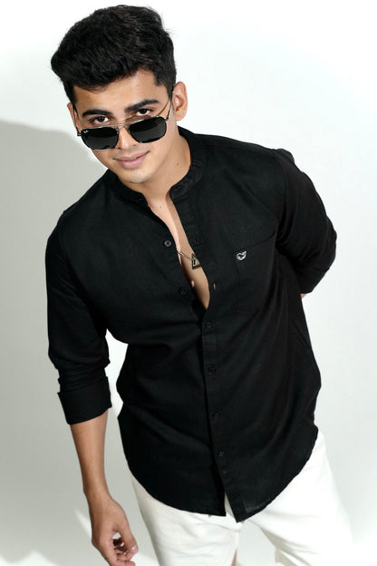 Cotton Linen Chinese Collar Black Shirt image 0