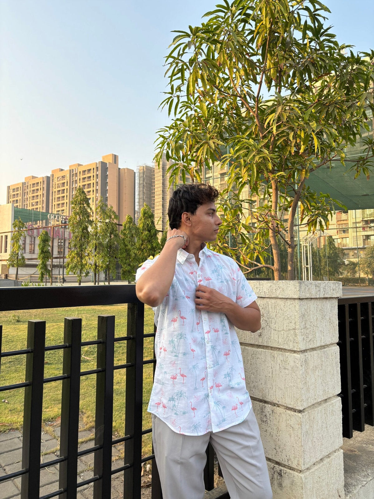 WHITE FLAMINGO PRINT HALF SLEEVES SHIRT image 2