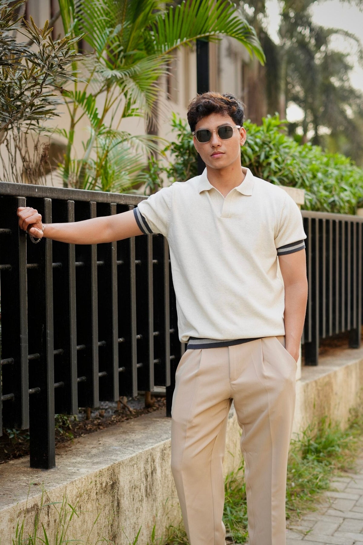 Knitted Polo T-Shirt – Off-White with Charcoal Rib image 1