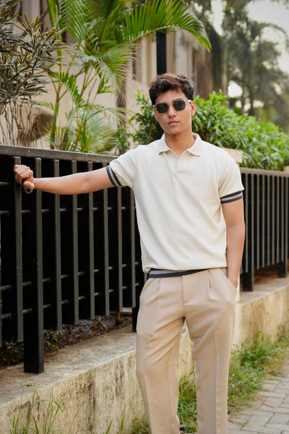 Knitted Polo T-Shirt – Off-White with Charcoal Rib image 1