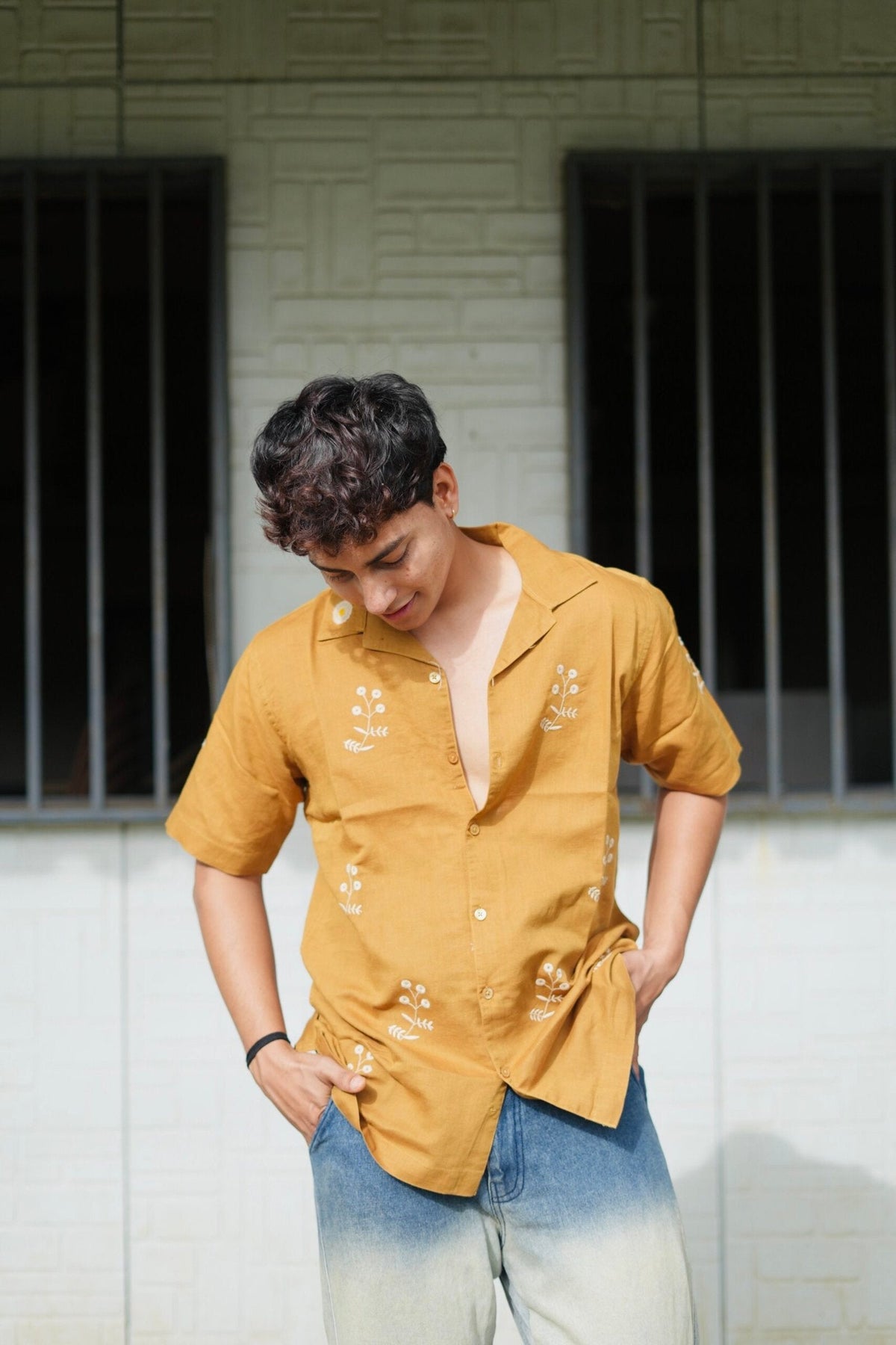 Mustard Yellow Cuban Collar Shirt With Minimal Floral Embroidery image 5