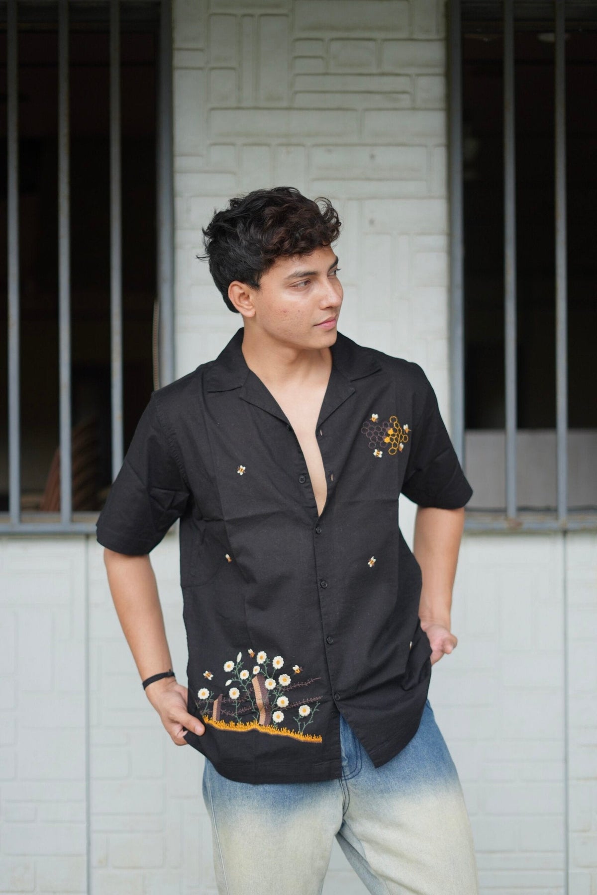 Black Buzz Garden Cuban Collar Shirt With Bee & Nature Embroidery image 1