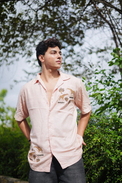 Peach Giraffe Grove Cuban Collar Shirt With Tree Embroidery image 2