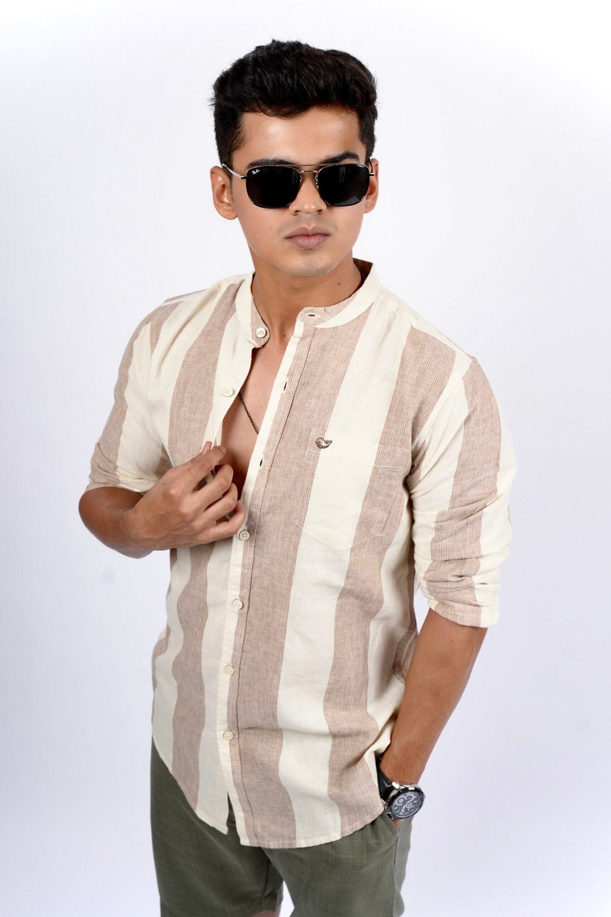 Cotton Linen Chinese Collar Beige And Brown Stripes Shirt image 1