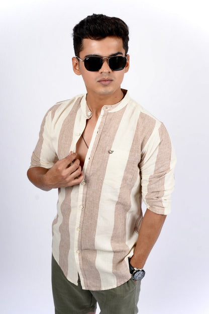 Cotton Linen Chinese Collar Beige And Brown Stripes Shirt image 1