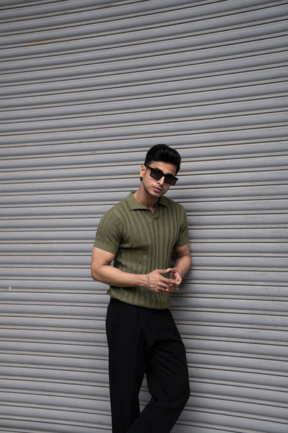 RIBBED KNITTED OLIVE HALF SLEEVES POLO T-SHIRT image 2