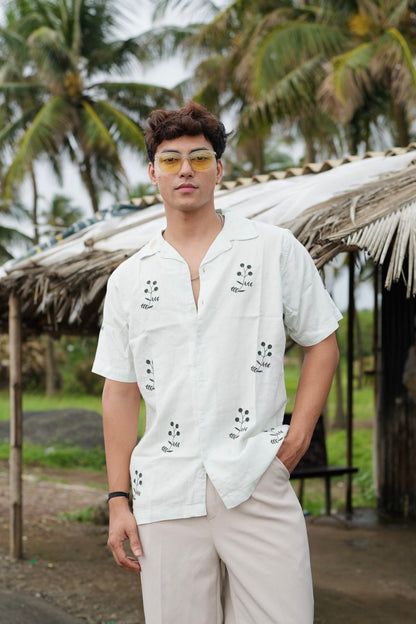 Mint Bloom Cuban Collar Shirt With Minimal Floral Embroidery image 0